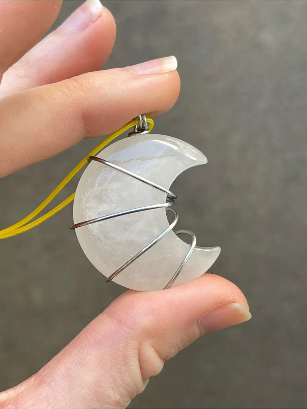 Clear Quartz Moon Necklace on Yellow Nylon Cord Stainless Steel Wire Wrap